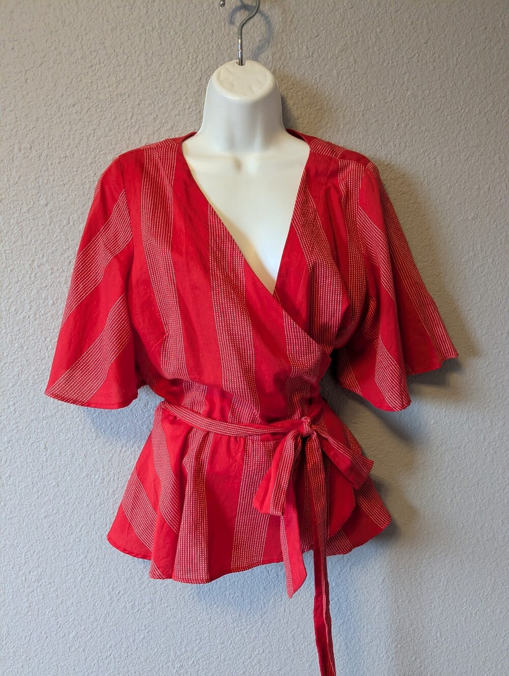Loft Red Wrap Cotton Blouse with Tie Waist Short Flutter Sleeves Sz. L